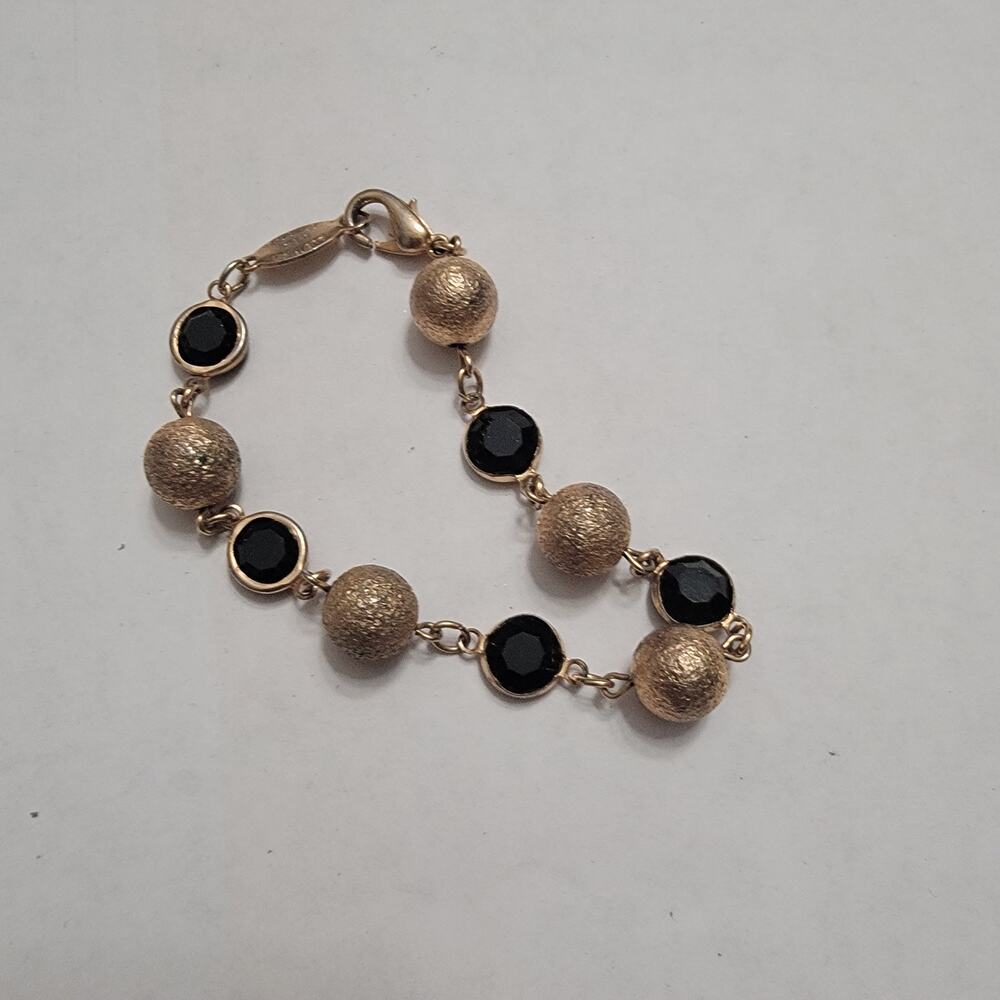 Vintage Gold Black Faceted Station Link Bracelet w/ Sparkle Beads Extender Chain